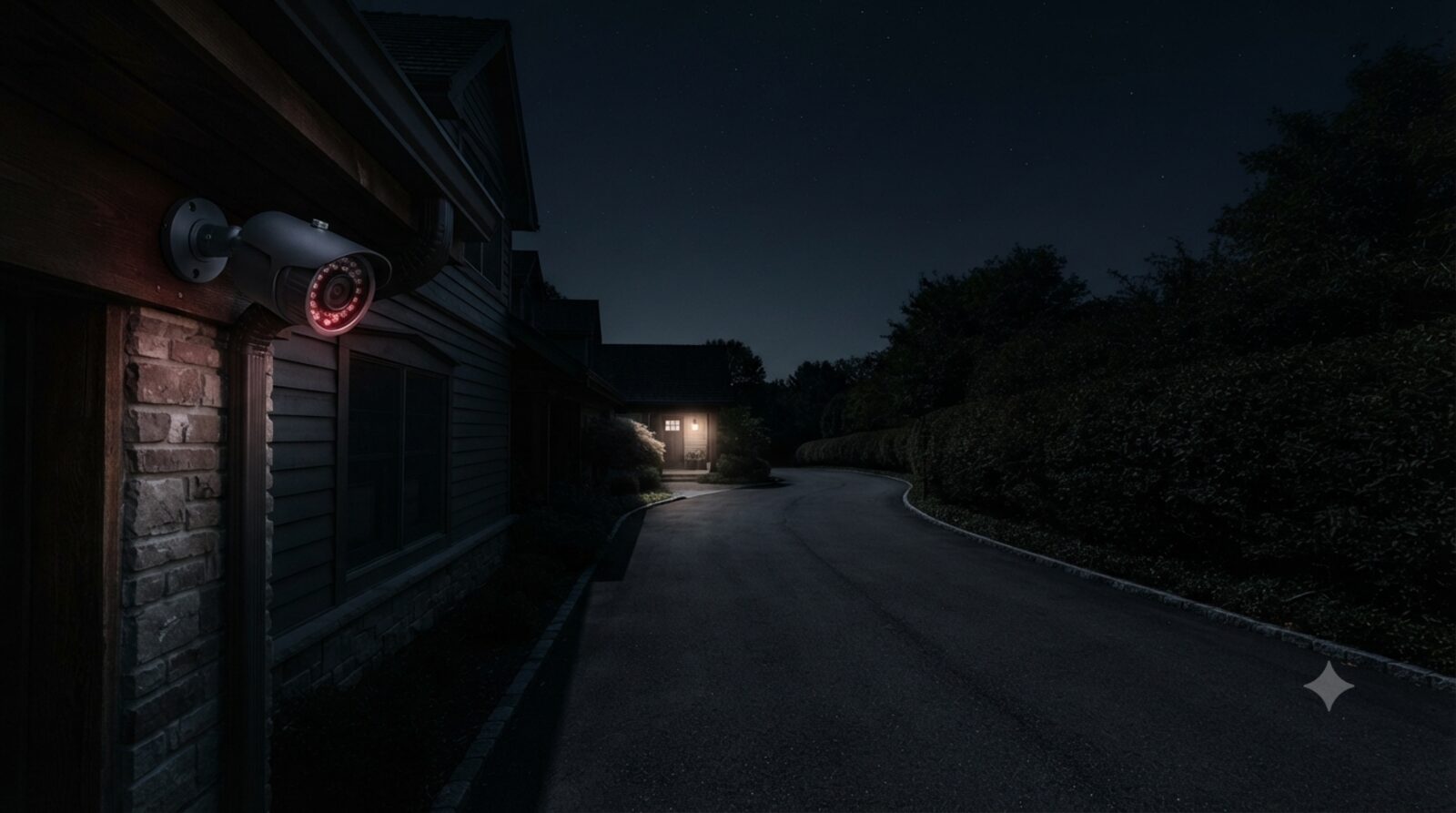 Security camera at night with its infrared illuminator ring glowing against a dark moonlit scene
