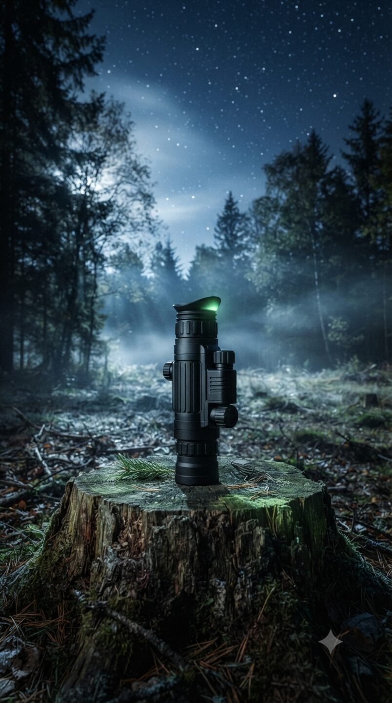 Night vision viewpoint of a dark forest scene rendered in phosphor green